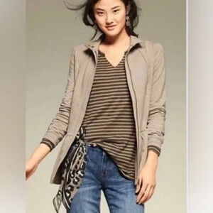 CAbi Slant Hem Tee in Tan and Gray Stripes. Blocked back. Long sleeves. Medium